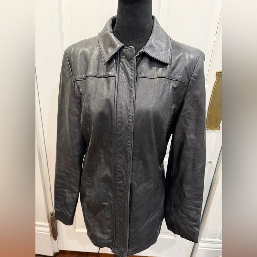 Alfani Women’s Vintage Genuine Leather Collared Black Jacket W/ Pockets Sz M